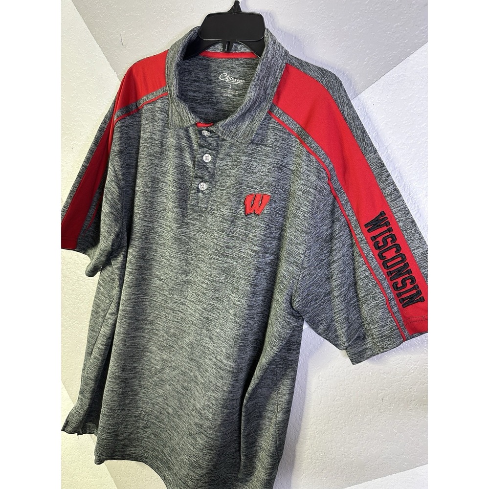 Chiliwear Wisconsin Badgers Polo Shirt Men Large Heather Gray / Red Short Sleeve